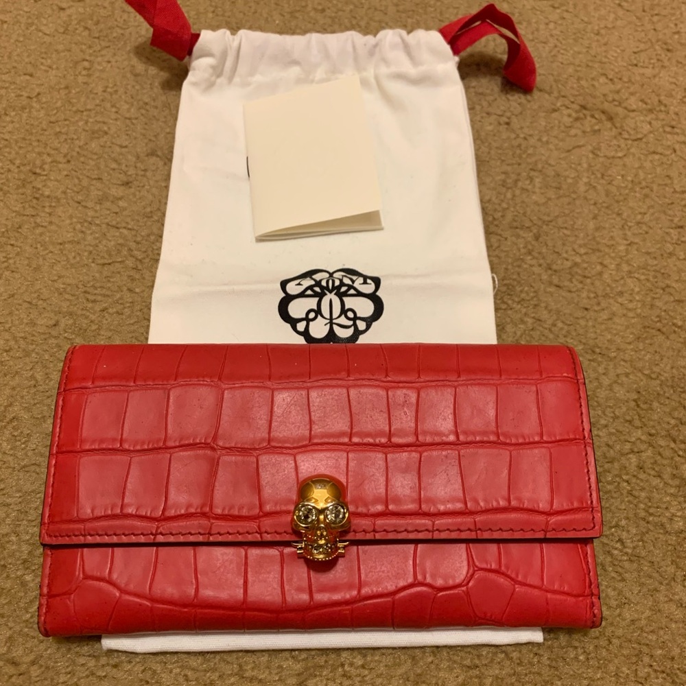 Alexander McQueen Red Croc-Embossed Skull Wallet